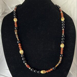 Amber, Onyx and Gold Beaded Necklace